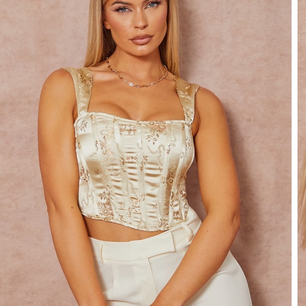 Never worn!!Champagne Jacquard Satin Wide Strap Structured Corset